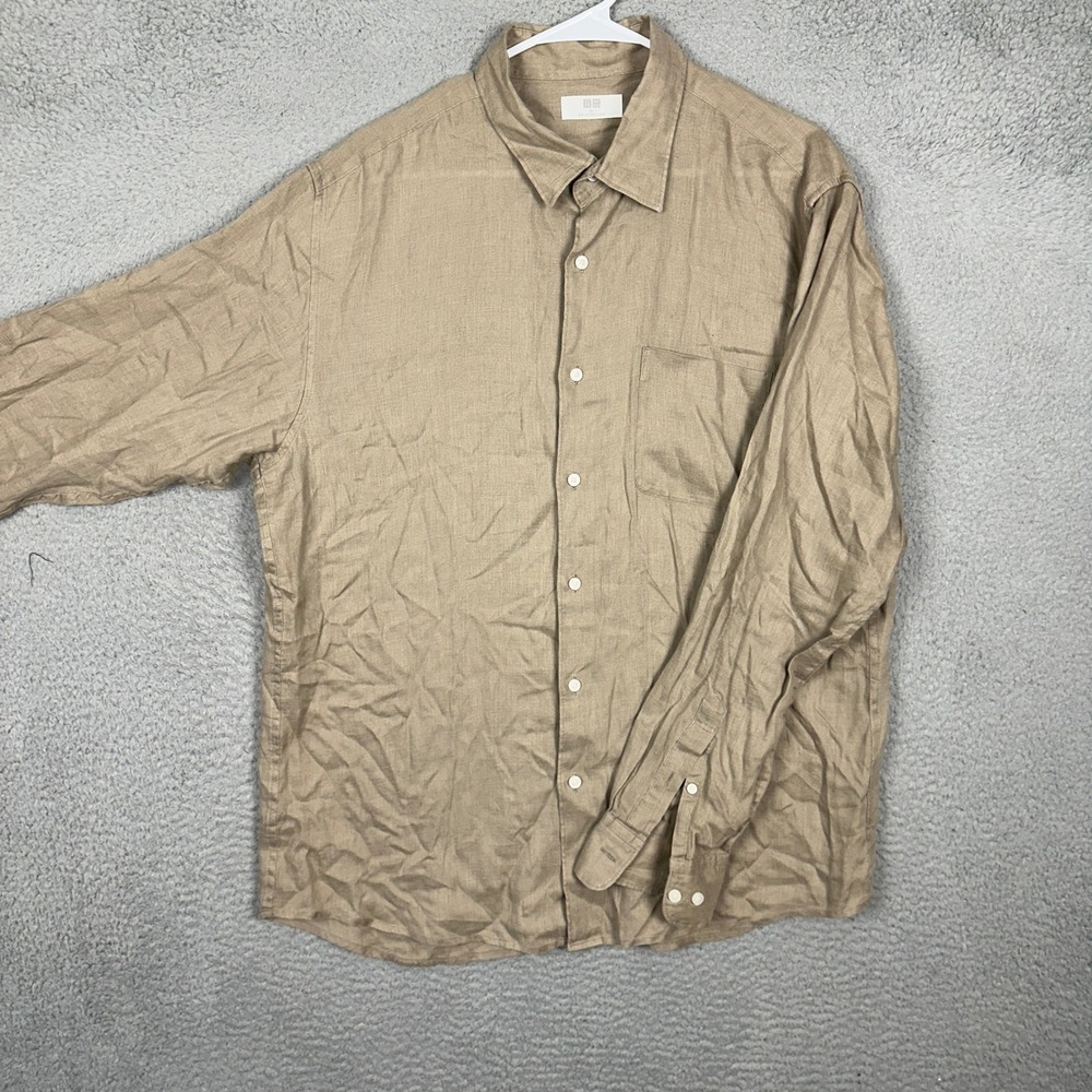 Uniqlo Shirt Mens XL Premium Linen Tan Button Down Long Sleeve Casual Pocket EUC
